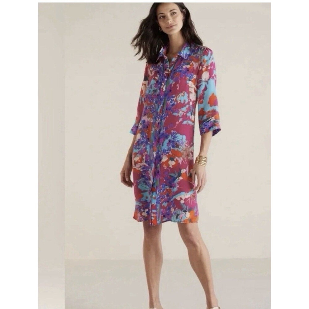 Soft Surroundings Garden Path Dress Size Small SP Floral Shirtdress Cupro Rayon
